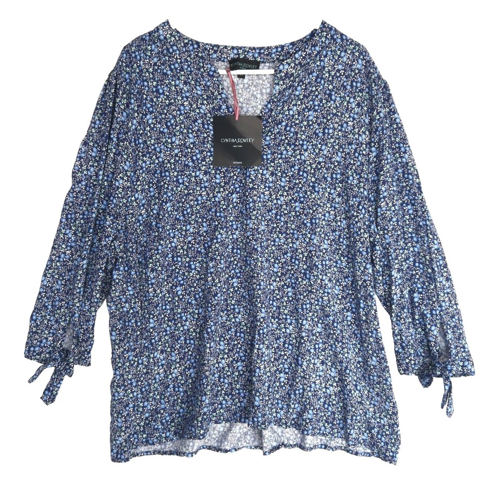 Cynthia Rowley Prairie Top Womens 2X Plus Ditsy Floral Tie Detail Blue Tunic NWT